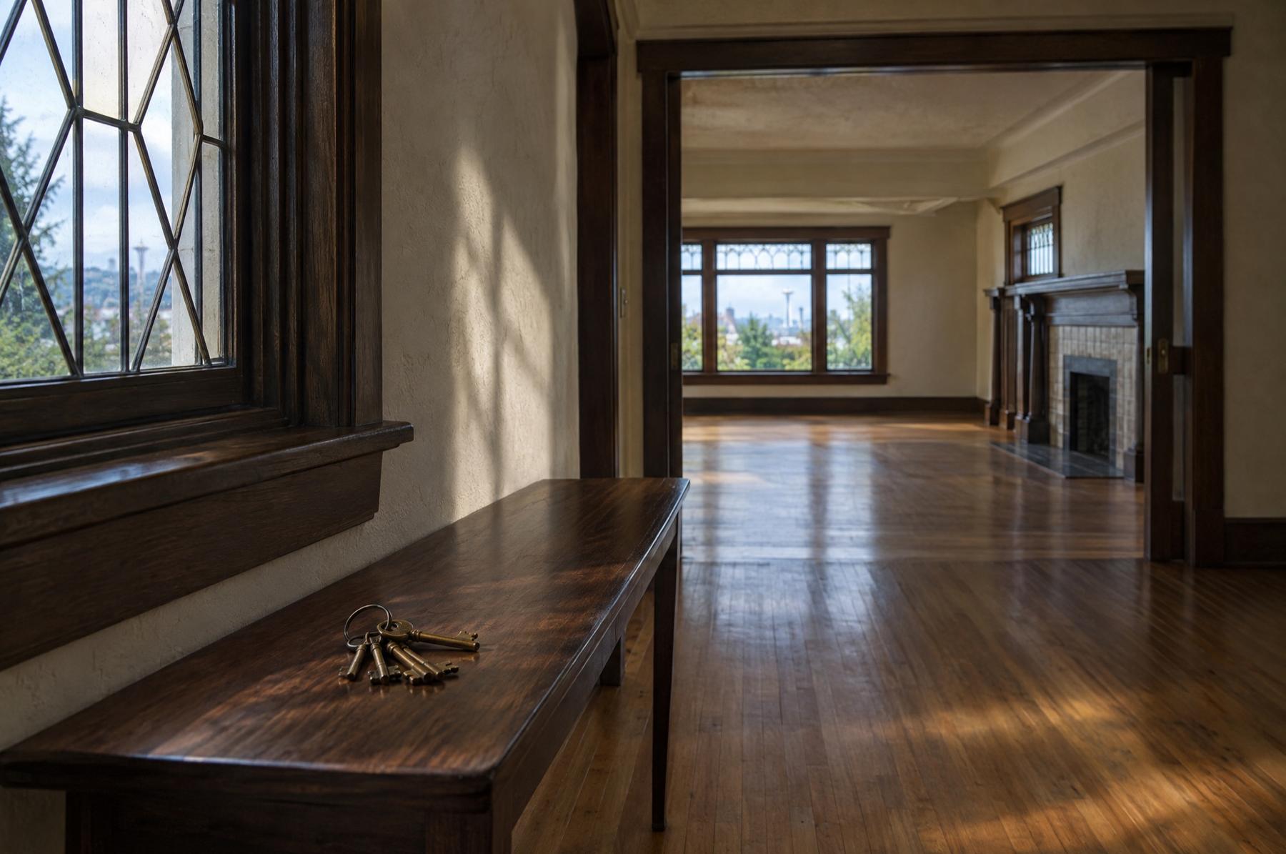 A ring of old brass keys on a wooden bench beneath a leaded-glass window in an empty older house