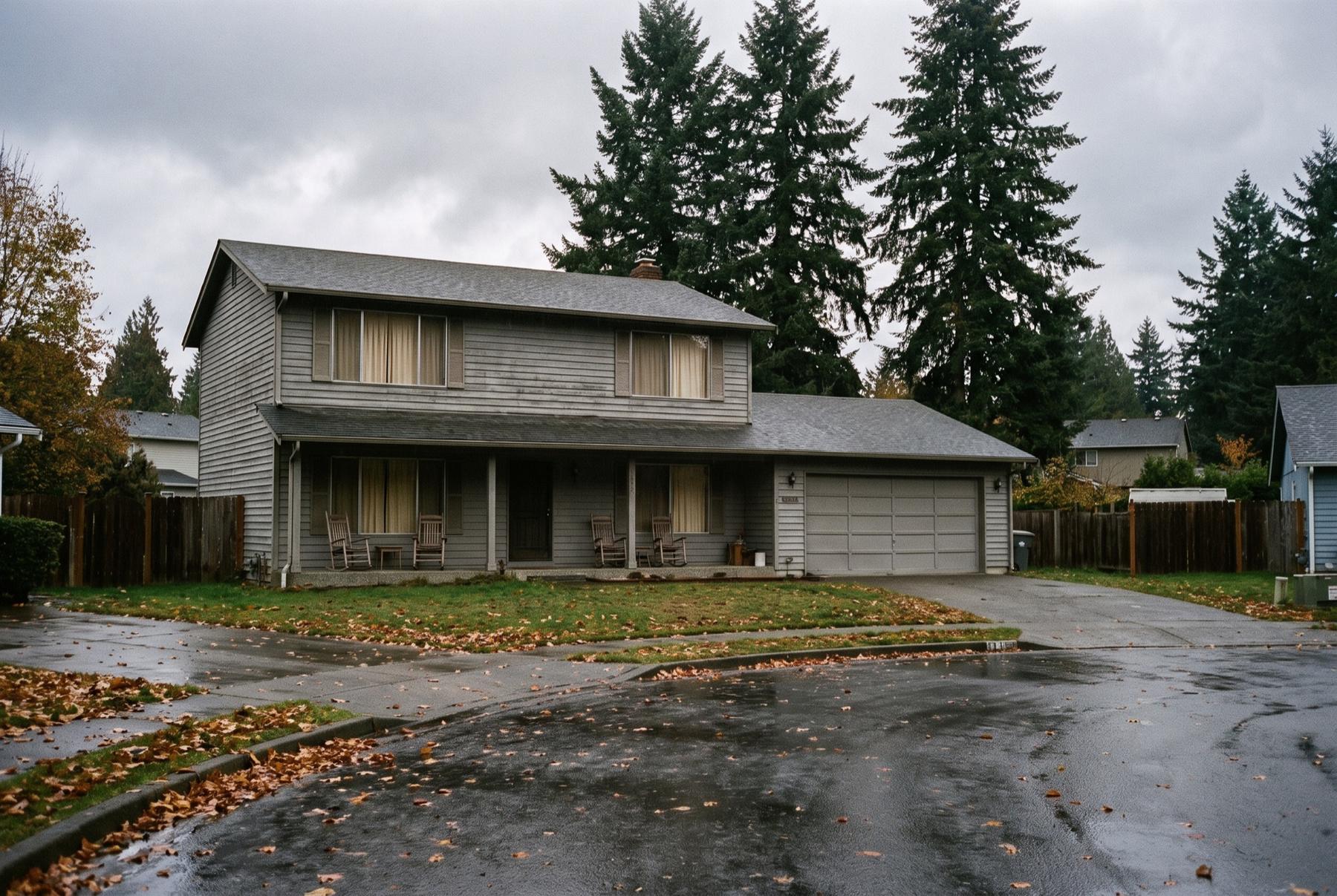 A gray two-story house with drawn curtains at the end of a rain-wet cul-de-sac, with tall Douglas firs behind it