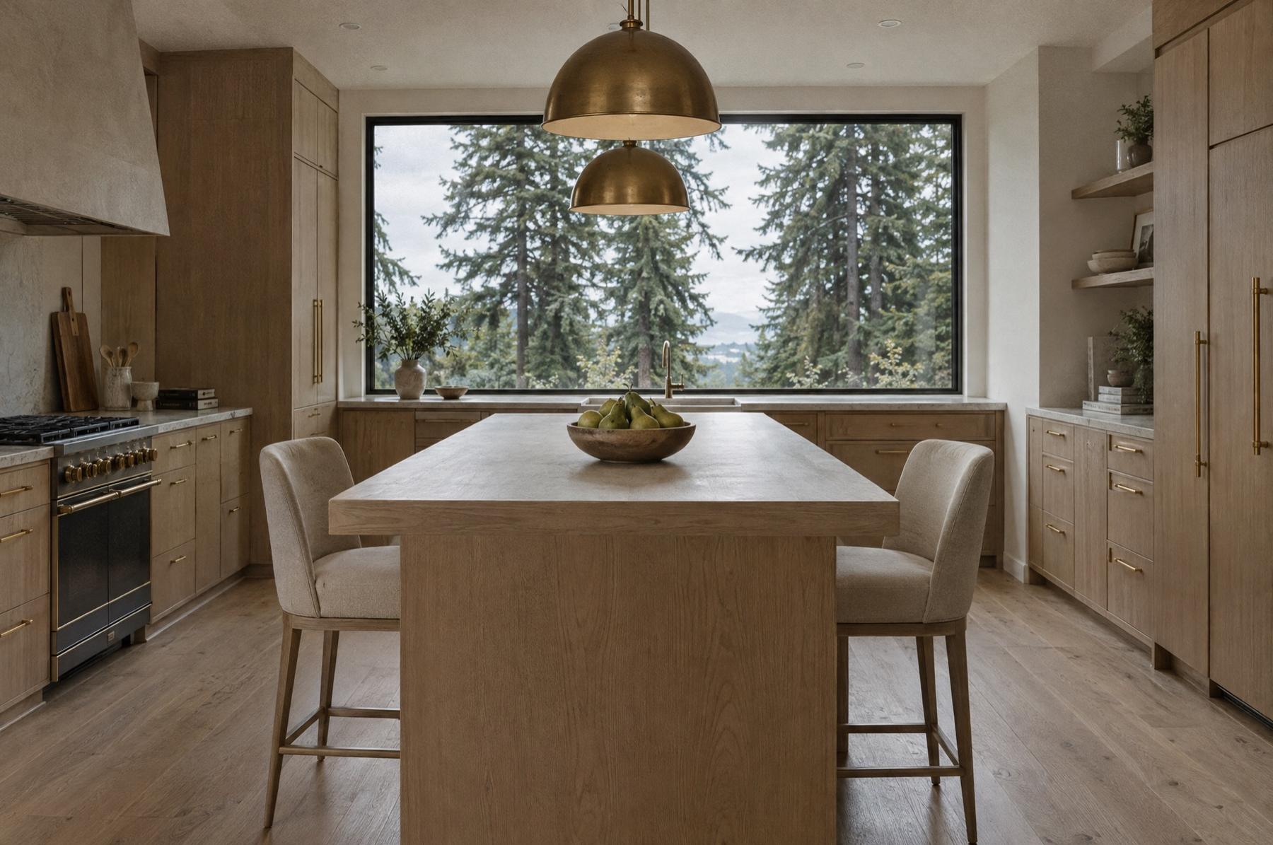 A white oak kitchen island with one stool on each side, two brass pendants overhead, and a window framing Douglas firs