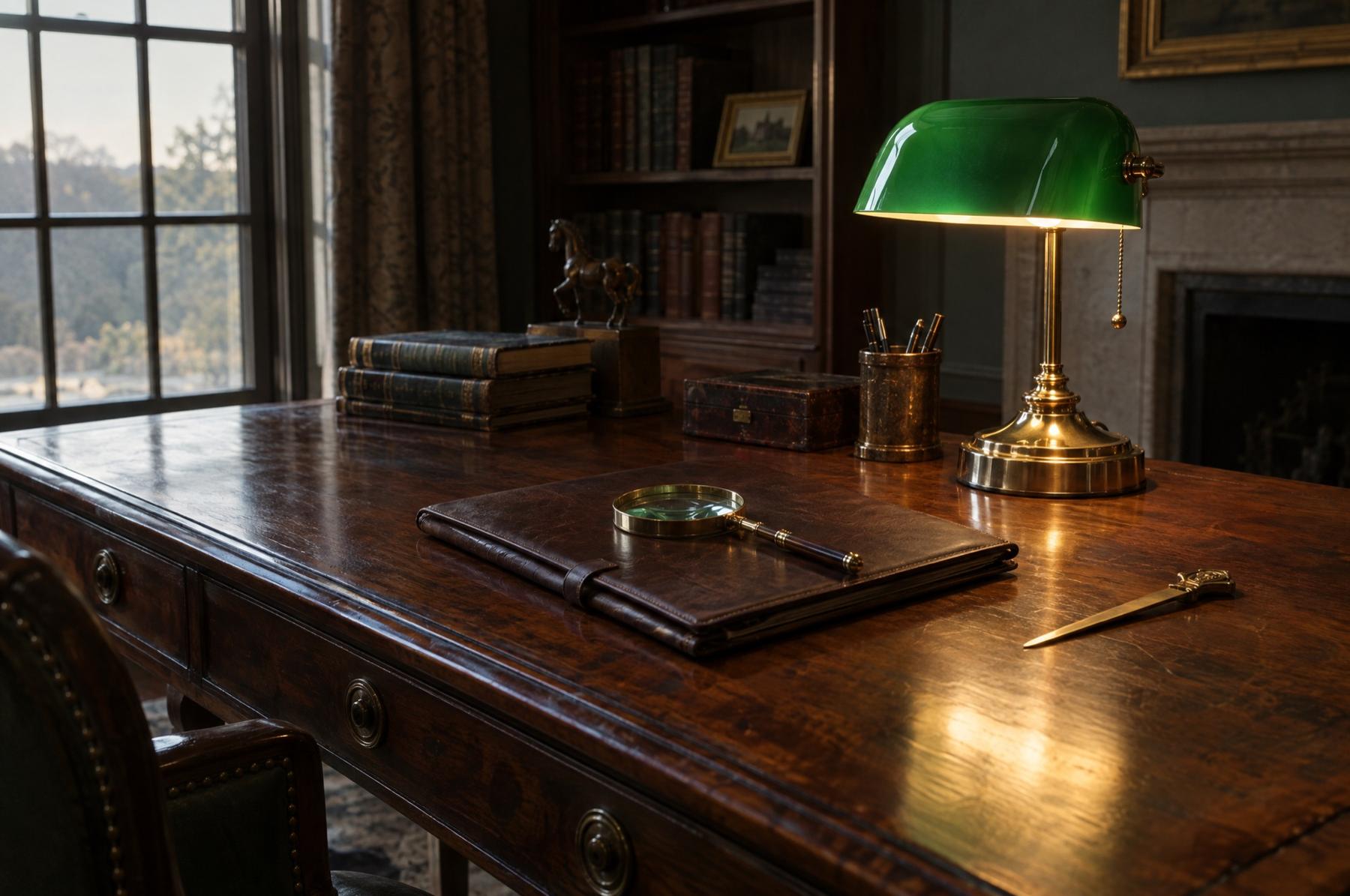 A brass magnifying glass resting on a closed leather folio on a walnut desk, lit by a green glass banker’s lamp