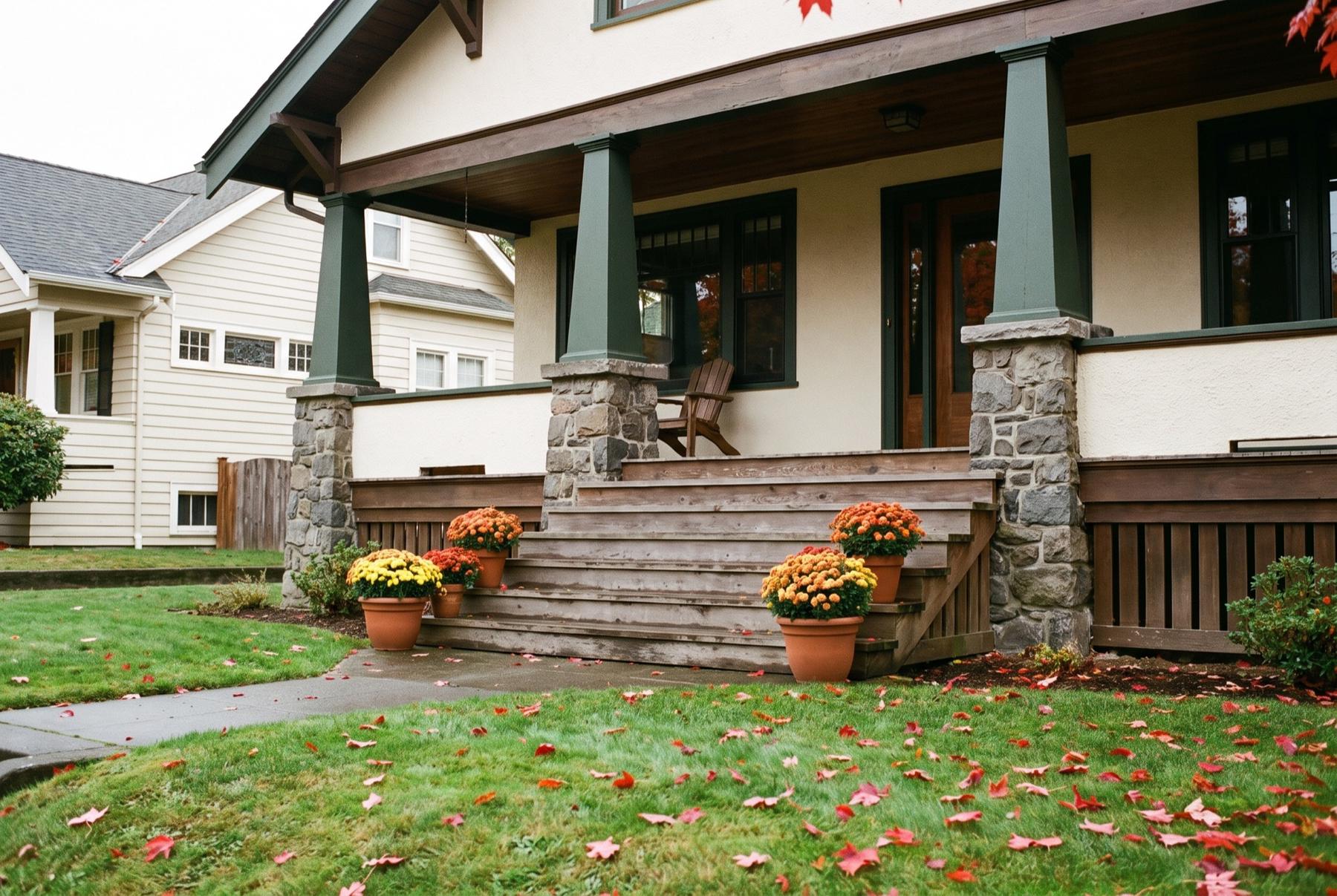 Wide wooden front steps of a cream Craftsman bungalow with green porch columns and pots of chrysanthemums on the steps