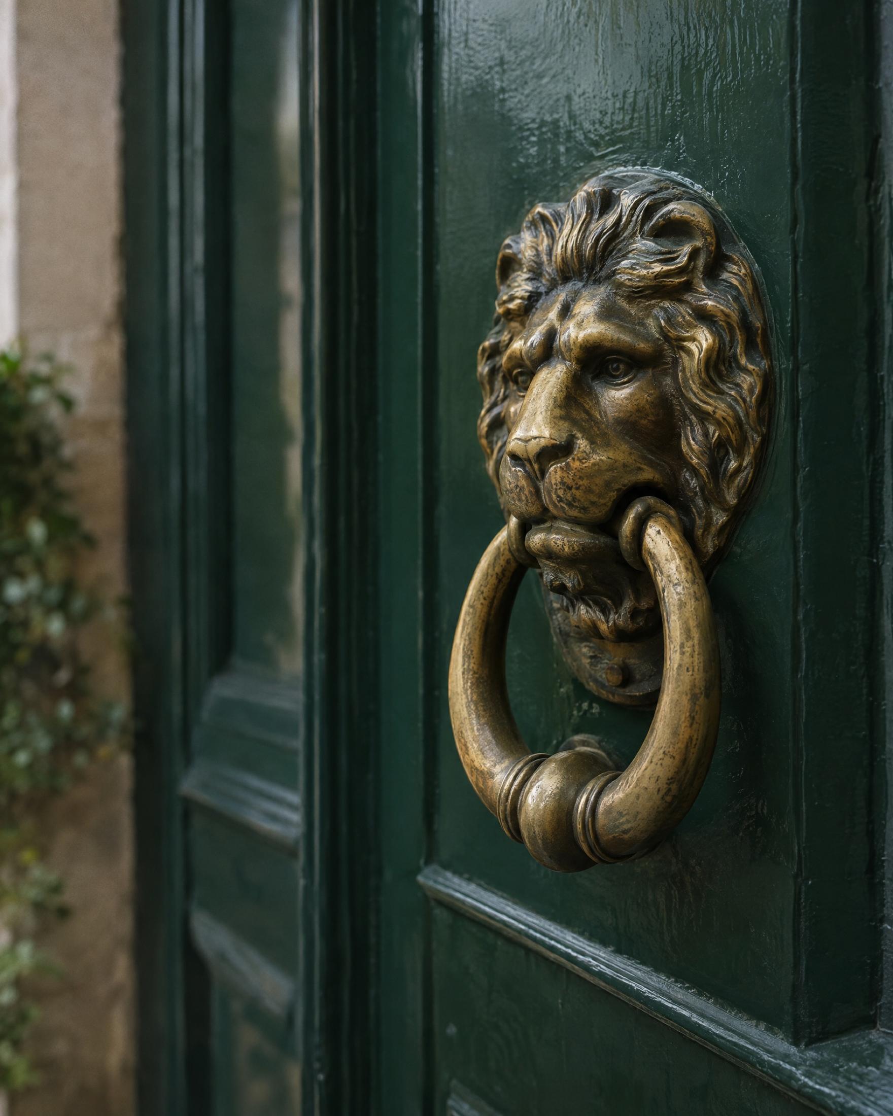 Close-up of a brass lion's-head door knocker with a ring in its mouth on a glossy dark green paneled front door