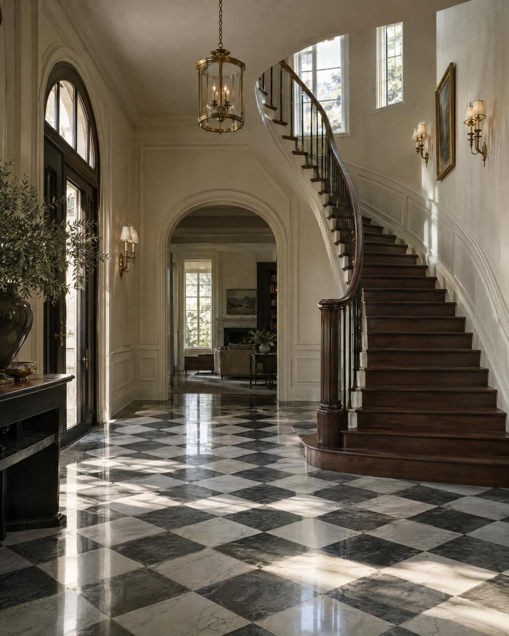 Entry hall with a black and white checkerboard marble floor, a curving dark wood staircase, and brass sconces