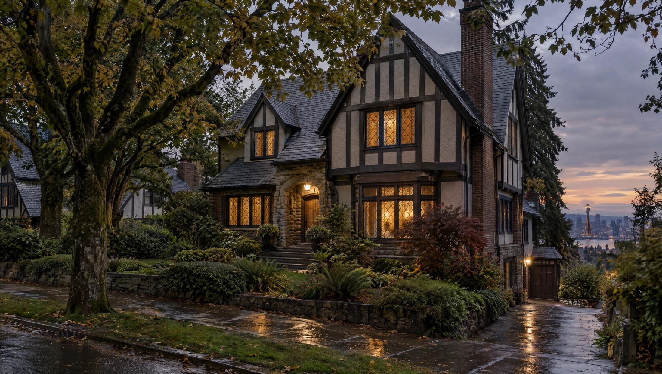 Tudor revival house at dusk with half-timbered gables, a stone arched entry, and lit leaded-glass windows over a wet sidewalk