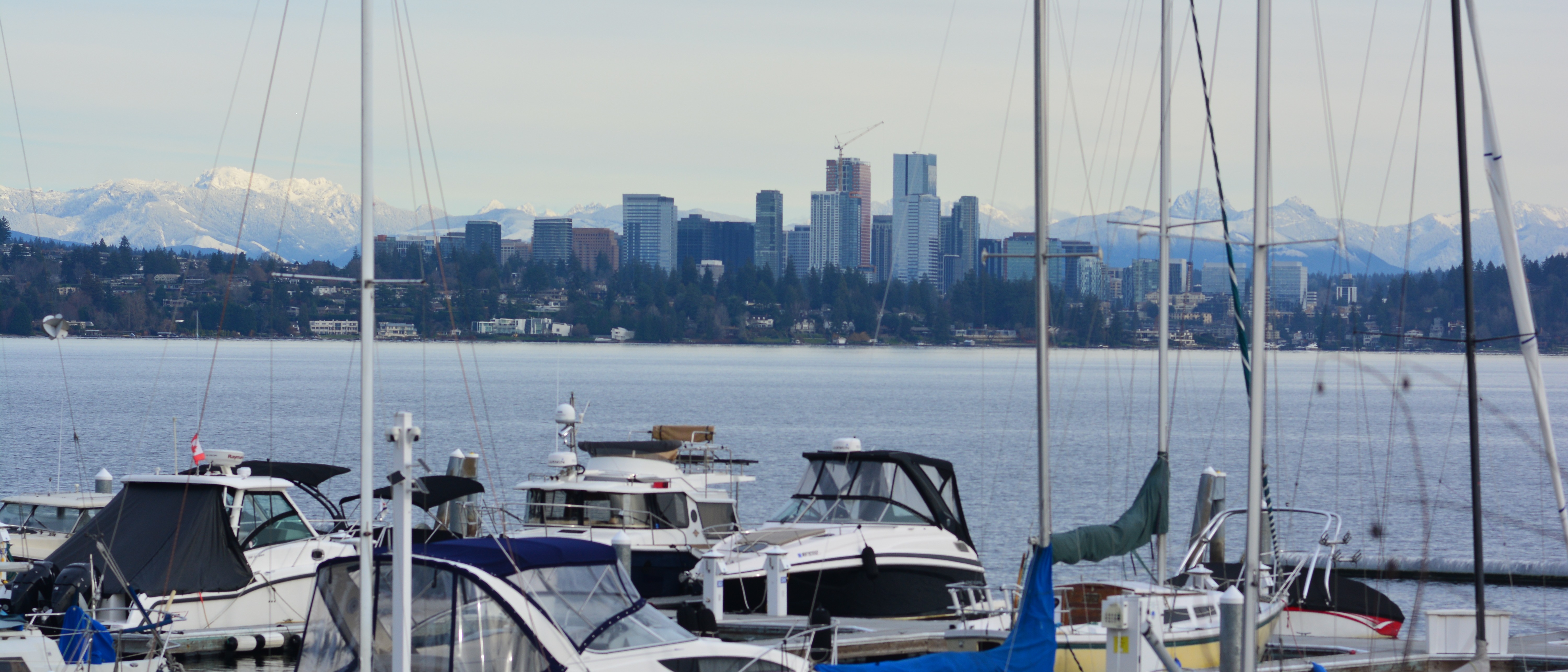Lake Washington and the Bellevue skyline seen from Leschi in Seattle, with the Cascade Range visible beyond
