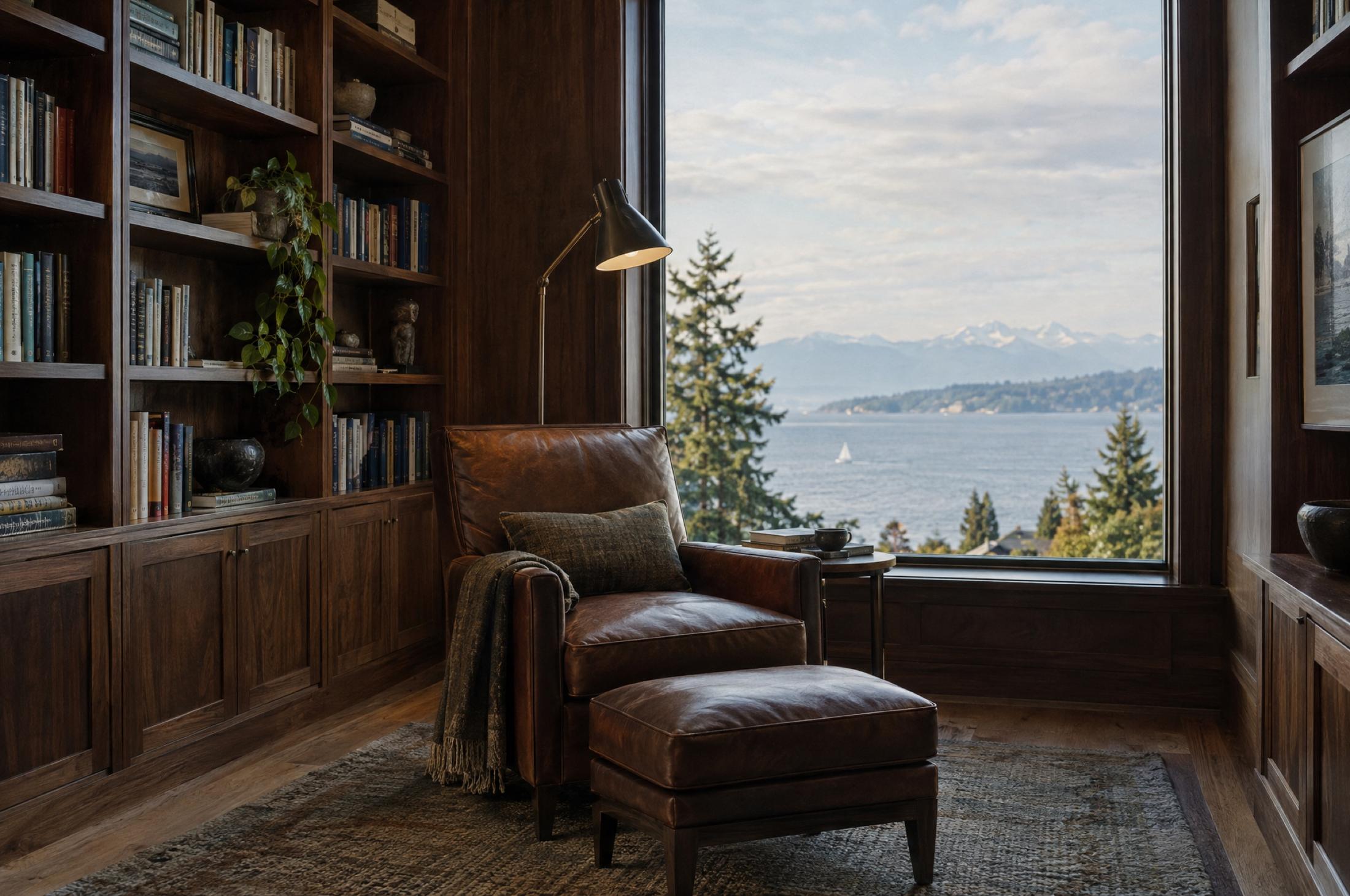 Reading corner with walnut bookshelves, a leather armchair, and a brass lamp beside a window overlooking water and mountains